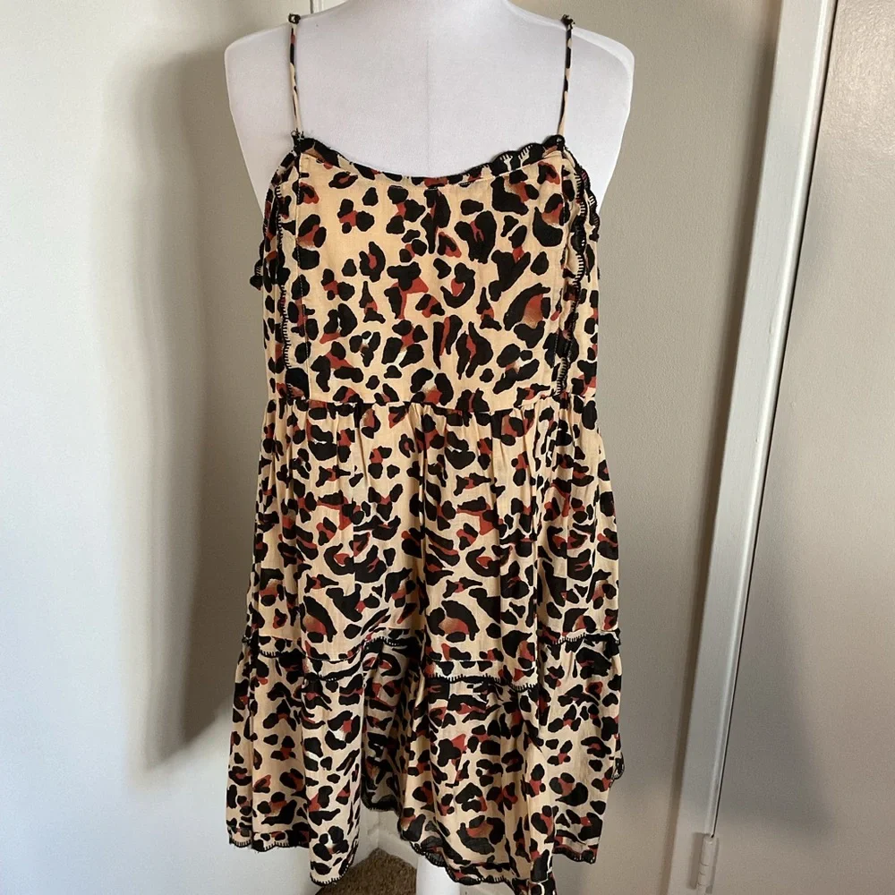 Urban Outfitters Hanna Leopard Print Scallop Ruffle Babydoll Dress Size L - Picture 2 of 7
